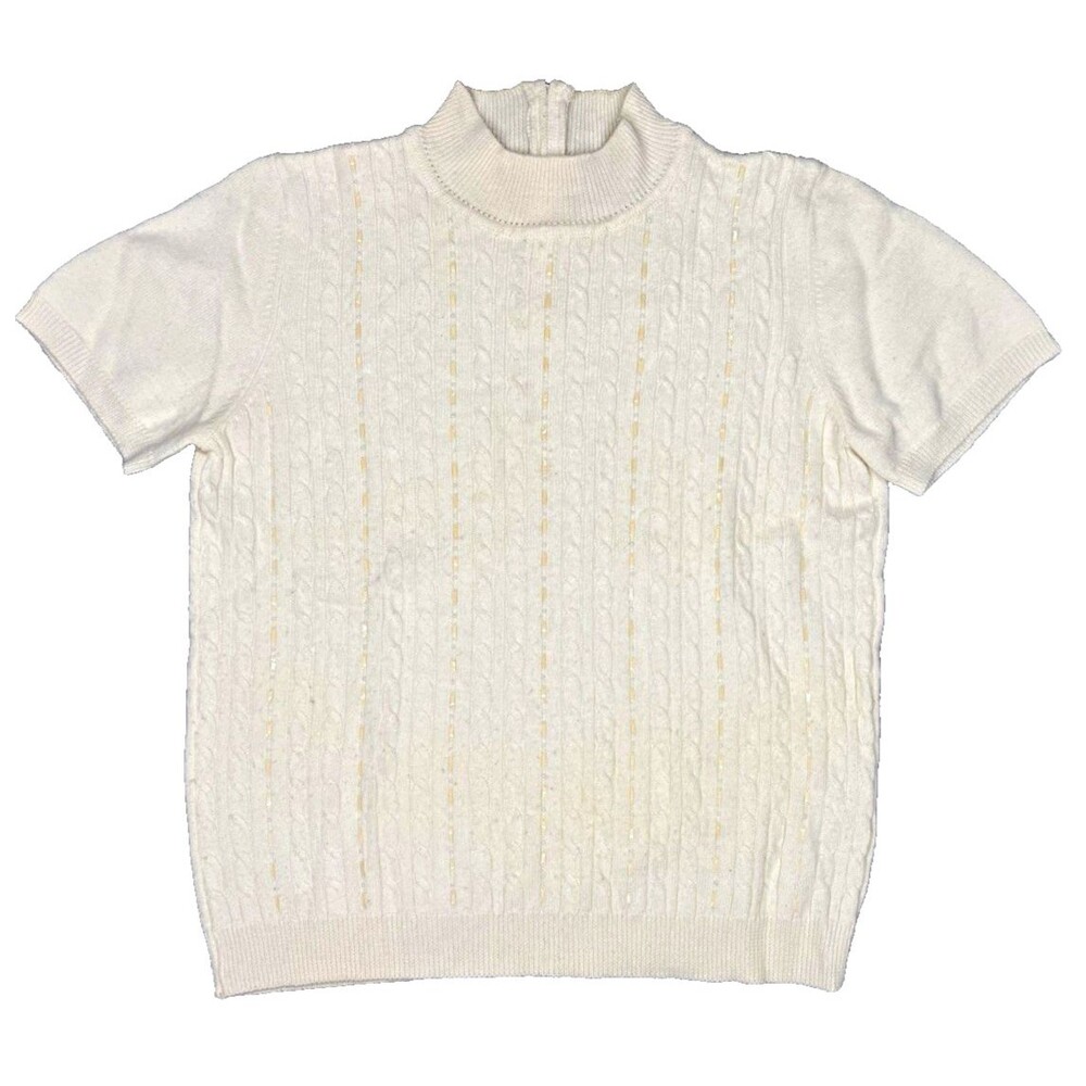 VTG Alfred Dunner Women Petite PS Ivory Short Sleeve Wool Blend Sweater Blouse